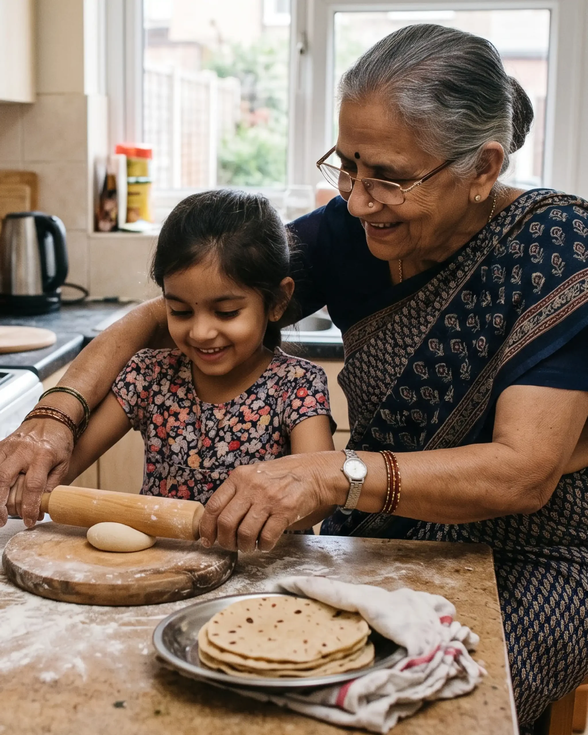 Grand ma playing with grand child making rotis together