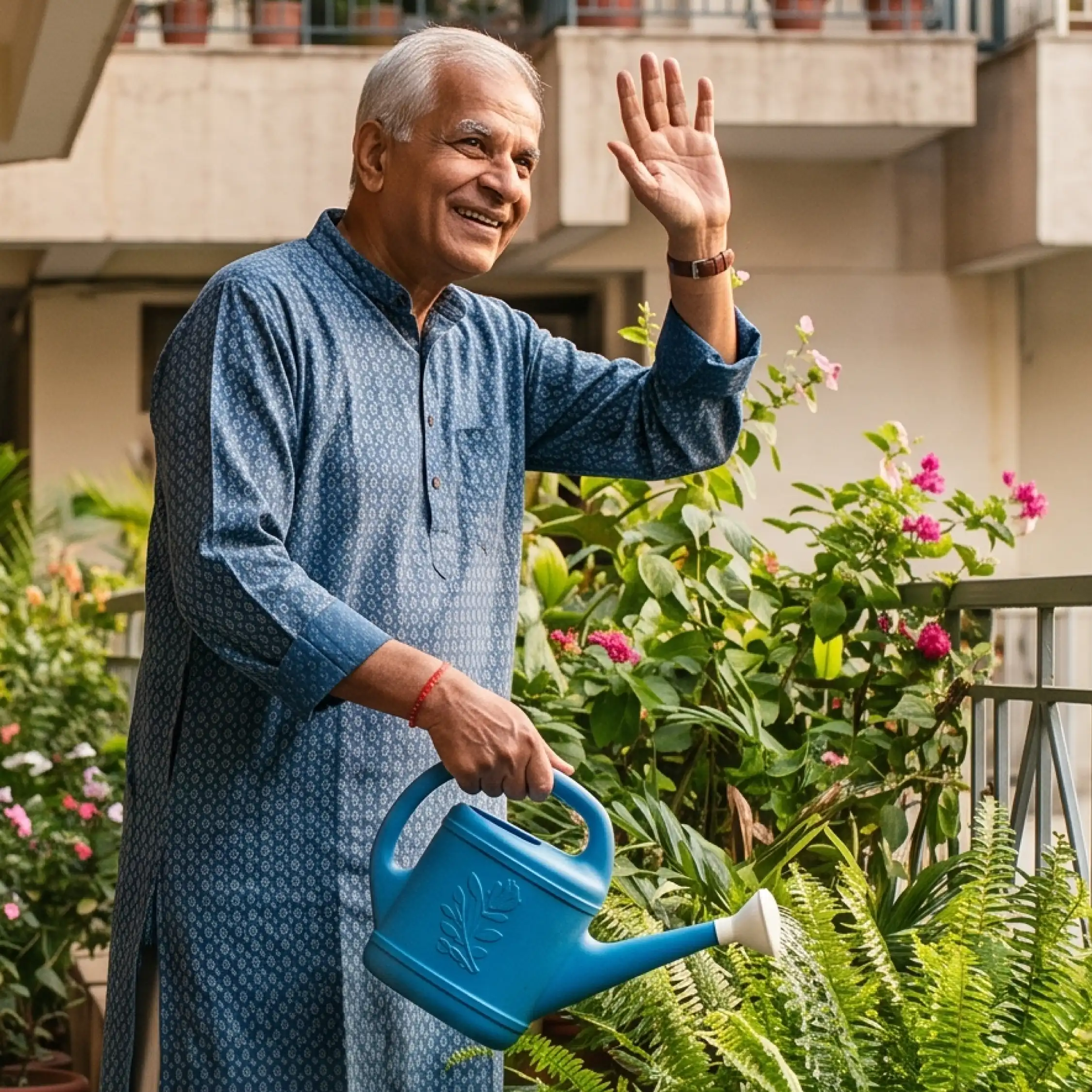 Old man watering plants happily